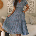 Blue Large Helena Shirred Short Puff Sleeve Maxi Dress