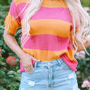Orange Stripe Medium Henley Stripe Color Block Knitted T-shirt Sweater