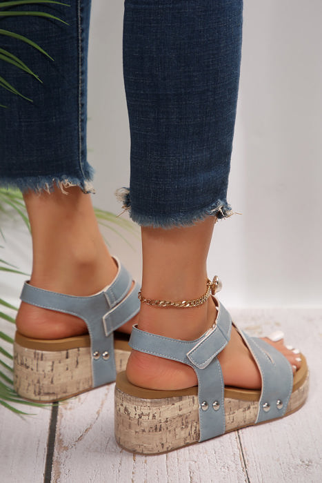 Hollow Out Velcro Leather Wedge Sandals
