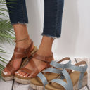  Hollow Out Velcro Leather Wedge Sandals