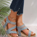 Light Blue Size 8.5 Hollow Out Velcro Leather Wedge Sandals