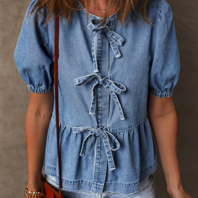 Hope Tied Front Bubble Sleeve Peplum Denim Shirt