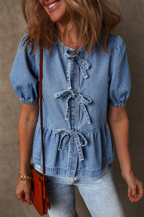 Hope Tied Front Bubble Sleeve Peplum Denim Shirt