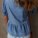  Hope Tied Front Bubble Sleeve Peplum Denim Shirt