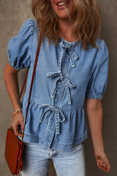 Hope Tied Front Bubble Sleeve Peplum Denim Shirt