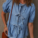  Hope Tied Front Bubble Sleeve Peplum Denim Shirt