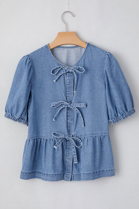 Hope Tied Front Bubble Sleeve Peplum Denim Shirt