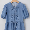  Hope Tied Front Bubble Sleeve Peplum Denim Shirt