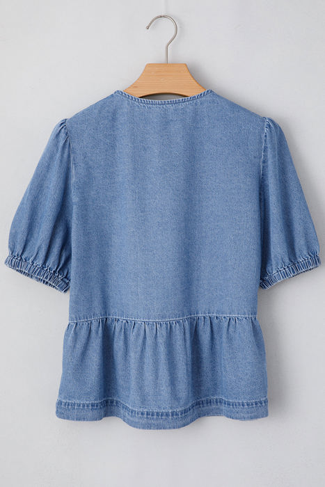 Hope Tied Front Bubble Sleeve Peplum Denim Shirt