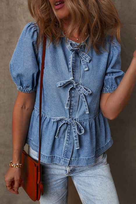 Hope Tied Front Bubble Sleeve Peplum Denim Shirt