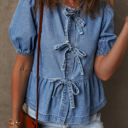  Hope Tied Front Bubble Sleeve Peplum Denim Shirt