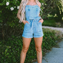  Hunter Spaghetti Straps Belted Denim Romper