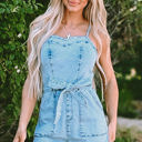  Hunter Spaghetti Straps Belted Denim Romper