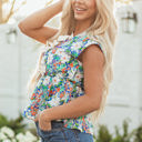  Indigo Floral Bow Applique Slit Sleeveless Peplum Blouse