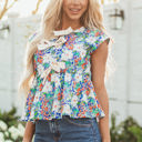 Indigo Floral Bow Applique Slit Sleeveless Peplum Blouse