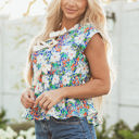  Indigo Floral Bow Applique Slit Sleeveless Peplum Blouse