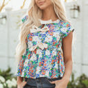  Indigo Floral Bow Applique Slit Sleeveless Peplum Blouse