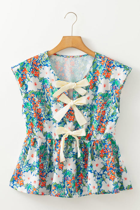 Indigo Floral Bow Applique Slit Sleeveless Peplum Blouse