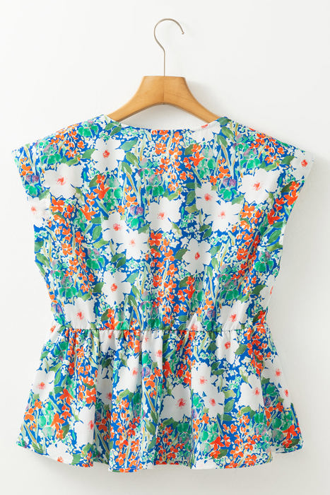 Indigo Floral Bow Applique Slit Sleeveless Peplum Blouse