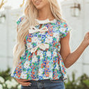 Green XL Indigo Floral Bow Applique Slit Sleeveless Peplum Blouse