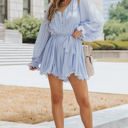  Irene Pleated Ruffled Tie Waist Buttons V Neck Romper