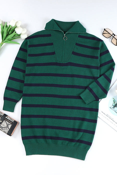 Iris Striped Zip Collared Loose Sweater Mini Dress