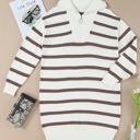 Brown Large Iris Striped Zip Collared Loose Sweater Mini Dress