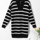 Black Large Iris Striped Zip Collared Loose Sweater Mini Dress