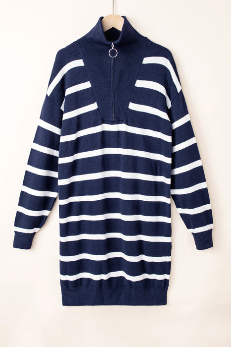 Iris Striped Zip Collared Loose Sweater Mini Dress