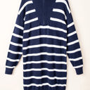 Blue Small Iris Striped Zip Collared Loose Sweater Mini Dress