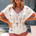  Isla Embroidered Flowers Colorblock Edge Hollowed Sweater