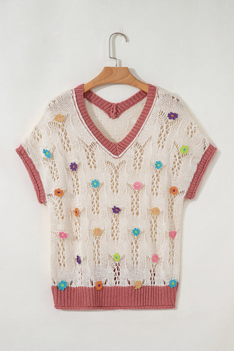 Isla Embroidered Flowers Colorblock Edge Hollowed Sweater