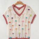  Isla Embroidered Flowers Colorblock Edge Hollowed Sweater