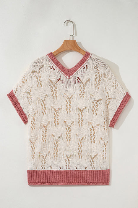 Isla Embroidered Flowers Colorblock Edge Hollowed Sweater