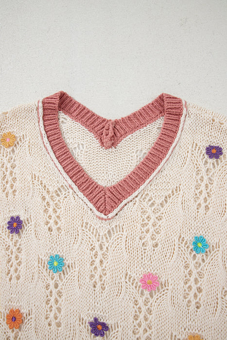 Isla Embroidered Flowers Colorblock Edge Hollowed Sweater