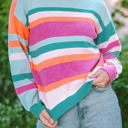 Multicolored Small Ivy Knit Drop Shoulder Puff Sleeve Sweater