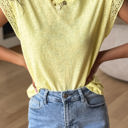 Yellow Cream XL Ivy Lace Patchwork Cap Sleeve Round Neck Top