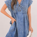  Jacqueline Tie V Neck Denim Shift Dress