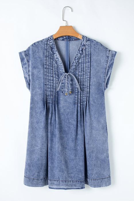 Jacqueline Tie V Neck Denim Shift Dress