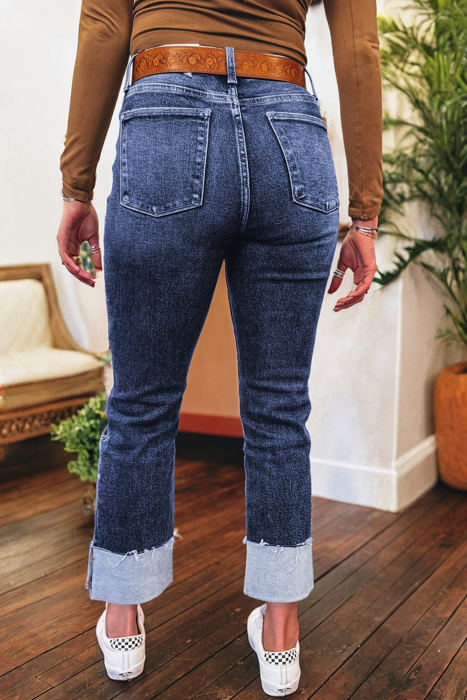 Jacy Cuffs Distressed Straight High Waist Jeans