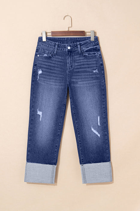 Jacy Cuffs Distressed Straight High Waist Jeans