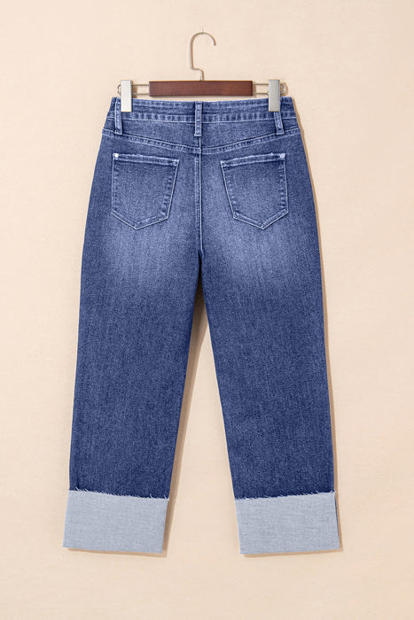 Jacy Cuffs Distressed Straight High Waist Jeans