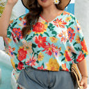  Jane Plus Size Floral V Neck Batwing Blouse