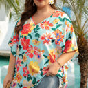  Jane Plus Size Floral V Neck Batwing Blouse