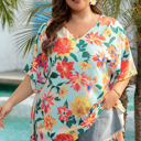 Sky Blue XXXXL Jane Plus Size Floral V Neck Batwing Blouse