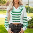 Green Stripe Large Janelle Collared Cropped Knit Pullover