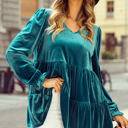 Green Large Jasmine Velvet V Neck Puff Sleeve Blouse