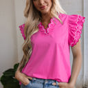 Bright Pink XL Jazmine Scallop Short Sleeve V Neck Blouse