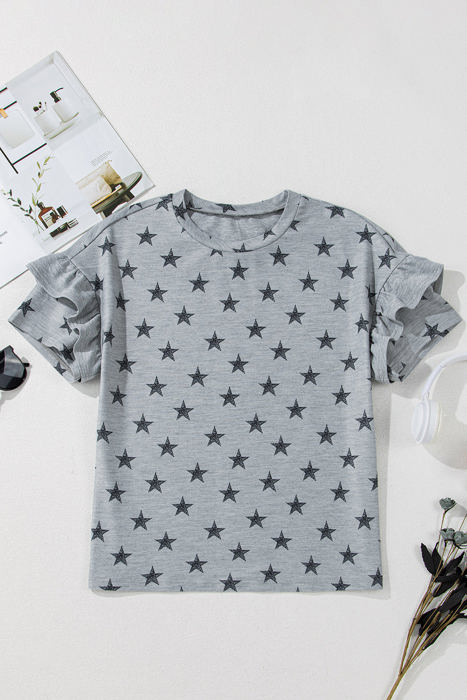 Joelle Star Ruffled Sleeve Crew Neck Top