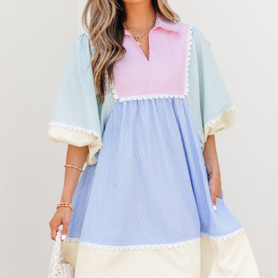 Joelle Striped Ric Rac Puff Sleeve Collared Mini Dress